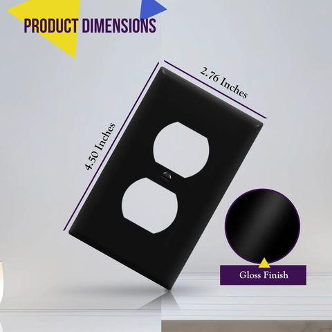 Duplex Receptacle Wall Plate 1 Gang 4.5 X 2.76 Inches Black unbreakable polycarbonate gloss finish dimensions displayed
