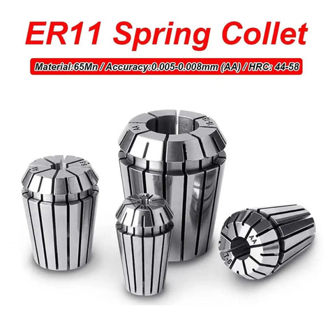 Heavy Duty Er11 Spring Collet For CNC Milling Lathes Killer Grip Precision Alignment Cold Forged Steel Tool Holder displayed in various sizes.