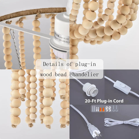Details of 16 Inch Modern Drum Pendant Light with plug-in cord, showcasing handmade wood bead accents for boho chandelier.