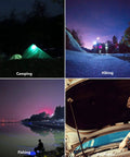 Rechargeable COB Work Light With 700 Lumens Magnetic Cordless LED for versatile outdoor use and car repair, depicted in camping, hiking, fishing, and car repair scenarios.