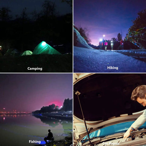 Rechargeable COB Work Light With 700 Lumens Magnetic Cordless LED for versatile outdoor use and car repair, depicted in camping, hiking, fishing, and car repair scenarios.