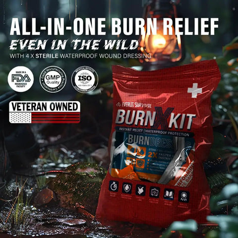 Burn Kit With Sterile Waterproof Wound Dressings, Hydrogel Foam Burn Dressings, featured in outdoor setting with lantern