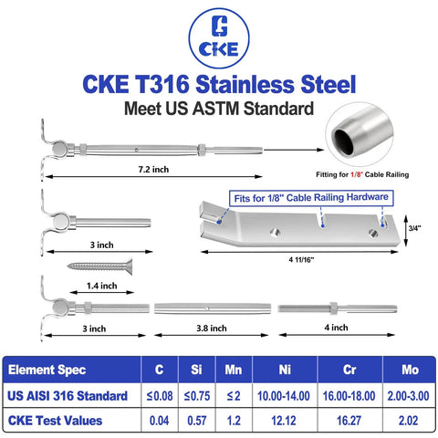Diagram of 10 Pair Cable Railing Kit For Wood Posts With One Eighth Inch Stainless Steel Cable And Swage Toggle Turnbuckles Perfect For Decks And Stairs Adjustable Angles Up To 180 Degrees Easy Install For Multi Angle Railing Projects showing dimensions and specifications of components in CKE T316 stainless steel.