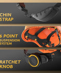 Close-up of chainsaw helmet chin strap, 6-point suspension system, and ratchet knob on Chainsaw Helmet With Anti Fog Goggles and Adjustable Metal Mesh Visor.