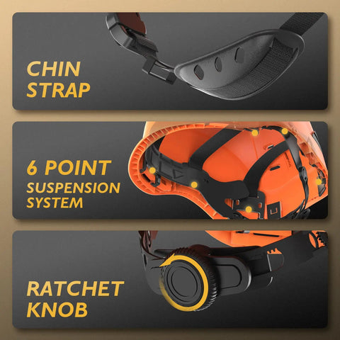 Close-up of chainsaw helmet chin strap, 6-point suspension system, and ratchet knob on Chainsaw Helmet With Anti Fog Goggles and Adjustable Metal Mesh Visor.