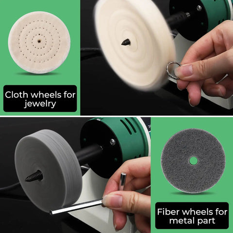 Your Go To Portable Bench Buffing Polisher With Adjustable Speed 110V Kit For Jewelry Wood Silver Metal Jade in use with cotton and fiber wheels