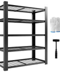No Fuss Heavy Duty Five Tier Garage Shelving Unit Built Like A Tank Steel Storage Rack 72 X 48 X 24 Inches with gloves and hammer.