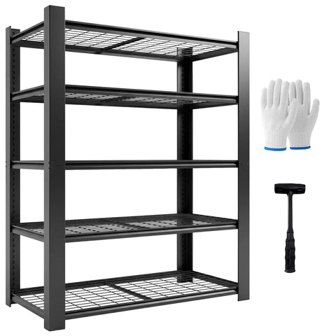No Fuss Heavy Duty Five Tier Garage Shelving Unit Built Like A Tank Steel Storage Rack 72 X 48 X 24 Inches with gloves and hammer.