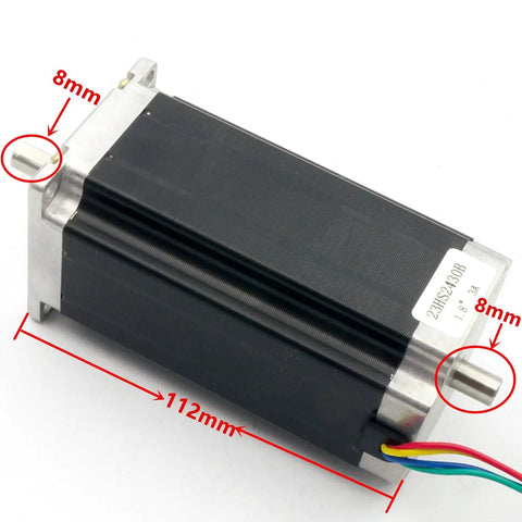 Four Nema 23 2-Phase Hybrid Stepper Motors Deliver Beefy 2.8 Nm Torque and 425 Oz-In Holding Torque 1.8 Degree Dual Shaft 8mm 57x57x112mm 4-Lead Wiring For CNC Router Milling Lathe Engraving Machine showing side view with dimensions
