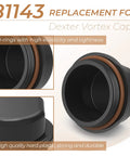 Two-pack Dexter Vortex hub dust caps with O-ring; black hard plastic with brown seal for trailer hubs, front view