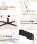 Detailed features of Criss Cross Furry Armless Office Chair highlighting cozy seat, sturdy metal base, and non-slip bottom.