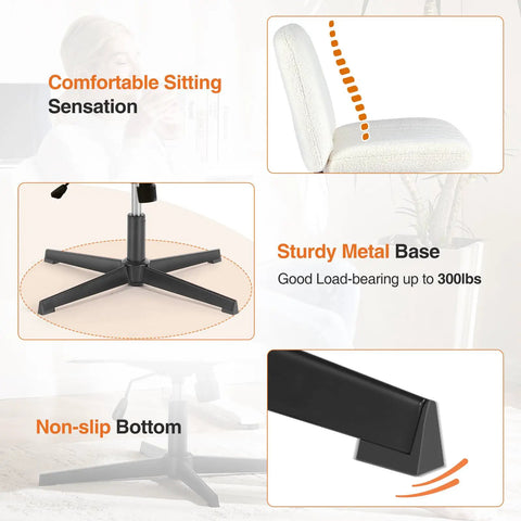 Detailed features of Criss Cross Furry Armless Office Chair highlighting cozy seat, sturdy metal base, and non-slip bottom.