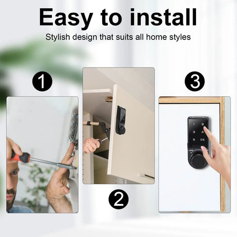 Installation process of Rock Solid Electronic Cabinet Deadbolt Digital Touch Keypad Password Lock on wooden furniture doors.