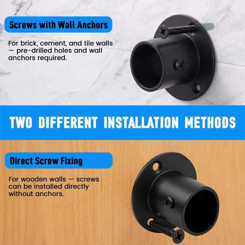 Stainless Steel One And A Quarter Inch Flange Rod Holder End Bracket For Shower Pole And Closet Rod With Screws Matte Black Built To Last Heavy Duty Mount Kit For Bathroom Wardrobe Laundry Room Two Pack Easy Install installed on tile and wood