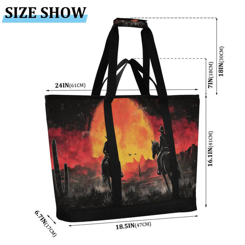 All Day Chill Insulated Cooler Tote With Leak Proof Seal Large Capacity for travel, featuring a sunset cowboy design.
