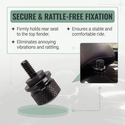 Rock Solid Aluminum Motorcycle Seat Bolts Quick Swap Kit With Knockout Precision Threads For Harley Davidson Sportster Softail Touring Dyna close-up of black knurled nut for secure fixation.