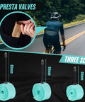 Cyclist holding 2-Pack Ultralight TPU Inner Tube For Road Bikes 700C Fits 23C To 32C Tires With 48mm 60mm Or 80mm Presta Valves