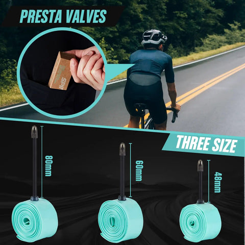 Cyclist holding 2-Pack Ultralight TPU Inner Tube For Road Bikes 700C Fits 23C To 32C Tires With 48mm 60mm Or 80mm Presta Valves