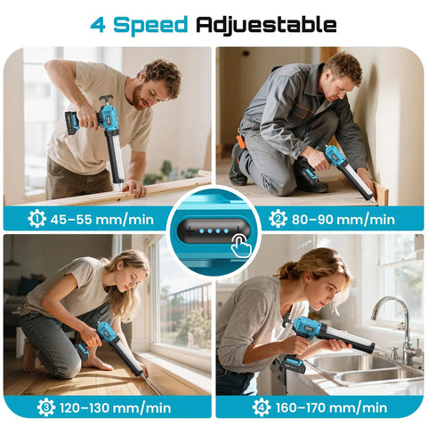 Various angles of Cordless Caulking Gun 21V Battery Powered With Dual 2.0Ah Batteries LED Light used on windows and doors.