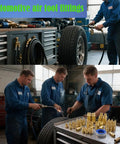 Mechanics using Complete 55 Piece One Quarter Inch NPT Air Hose Fittings Kit With Quick Connect Couplers And Plugs in garage