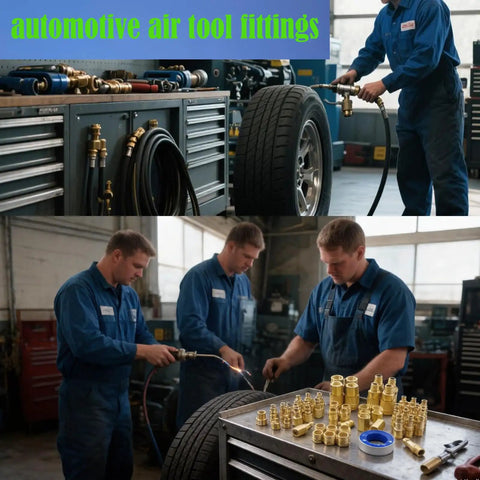 Mechanics using Complete 55 Piece One Quarter Inch NPT Air Hose Fittings Kit With Quick Connect Couplers And Plugs in garage
