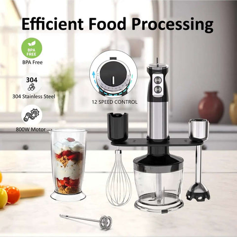 Straight Outta Box Kitchen Essential This 800W 5 In 1 Handheld Blender for food processing with chopper, whisk, and frother.