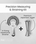 Japanese Style Jigger With Ten Measurement Markings Stainless Steel Bar Tool For Precise Mess Free Pours Sleek Modern Design For Home Mixology And Pro Level Bartending, with 4-prong strainer