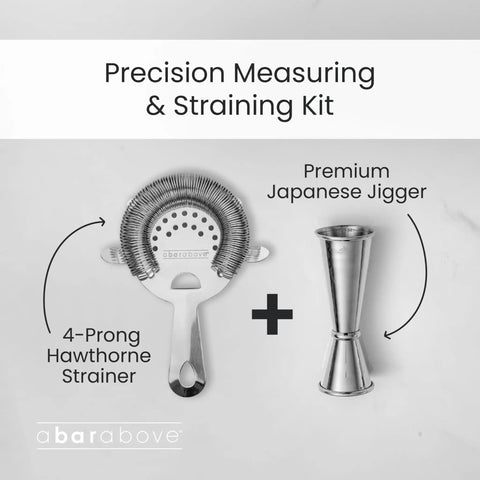 Japanese Style Jigger With Ten Measurement Markings Stainless Steel Bar Tool For Precise Mess Free Pours Sleek Modern Design For Home Mixology And Pro Level Bartending, with 4-prong strainer