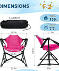 Dimensions of Kids Hammock Chair For Camping And Travel, showing pink folding chair and black bag, supports 135 lbs, weighs 7.7 lbs