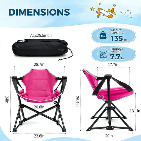 Dimensions of Kids Hammock Chair For Camping And Travel, showing pink folding chair and black bag, supports 135 lbs, weighs 7.7 lbs