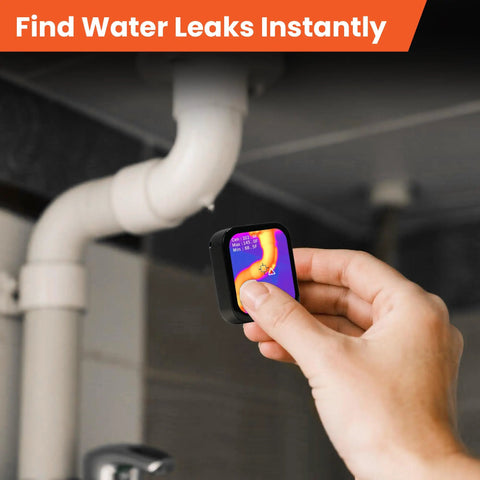 Hand using Pocket Sized Thermal Camera With Touchscreen No App Needed 80x60 Infrared Imager For Home Inspection Detect Hidden Cameras And Water Leaks Compact Handy Tool For Quick Leak Checks And Thermal Troubleshooting near a pipe.