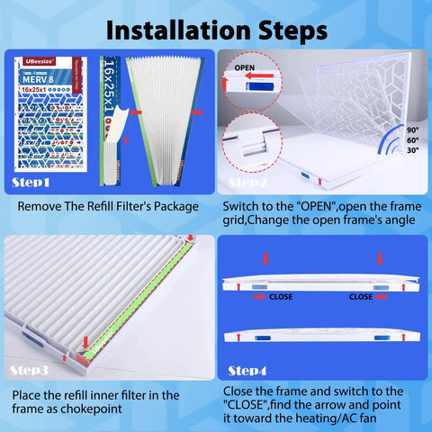 Deep Pleated HVAC Air Filter 16x25x1 6 Pack MERV 8 MPR 700 installation steps with reusable ABS frame, open and close mechanism
