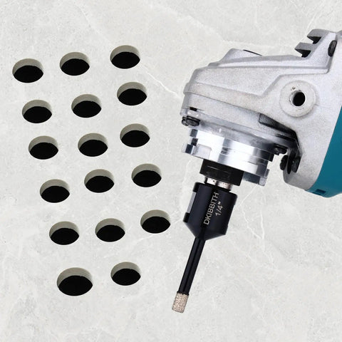 Angle grinder using 7 Pack Diamond Core Drill Bits For Porcelain Tile And Concrete With 5/8-11 Hex Shank Adapter, multiple holes in tile.