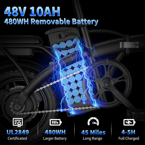 Folding Electric Bike With 1000W Peak Motor 25 MPH Top Speed 14 Inch E Bike 48V 10Ah Battery 33 Degree Hill Climb