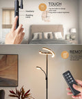 Lit LED Floor Lamp With Rotatable Main Light And Flexible Reading Light in bedroom, touch and remote shown for dimmable control