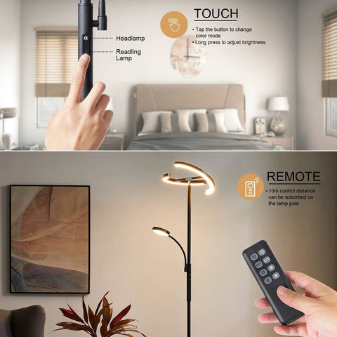 Lit LED Floor Lamp With Rotatable Main Light And Flexible Reading Light in bedroom, touch and remote shown for dimmable control