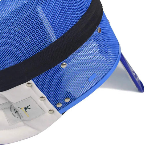 Detailed view of Fencing Foil Mask Helmet CE 350N Certified National Grade Masque, mesh texture with waterproof lining