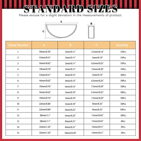 Hilitchi carbon steel woodruff key kit front view with semicircular key diagram and size chart