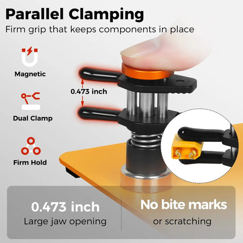 Close-up of magnetic dual clamp from All-In-One Helping Hands Soldering Station With 5X Magnifying Lamp holding orange surface