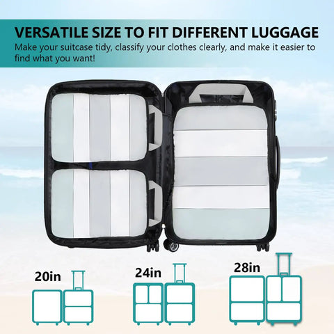 Open suitcase showing packing cubes with size comparisons for versatile luggage, Compression Packing Cubes 5 Piece Set Travel Organizer Boxes.