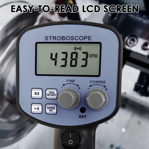 Digital Handheld Stroboscope With Wide Range From 50 To 12,000 FPM showing easy-to-read LCD screen and control knobs.