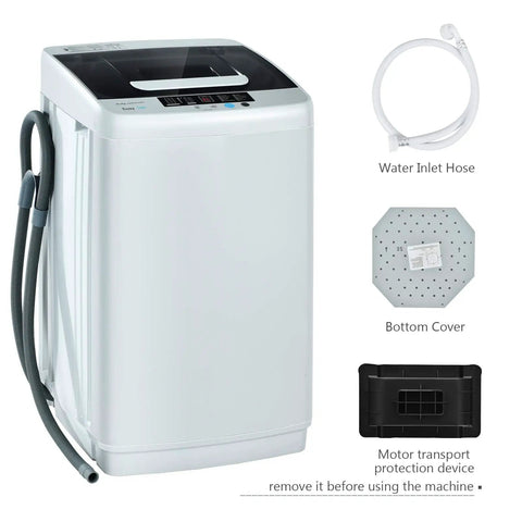 Full Automatic Washer And Spinner Combo, 8 Point 8 Lbs Portable Laundry Machine with hose, cover, and motor protection device.