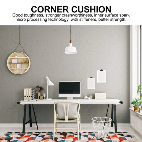 Modern home office with desk showing Scratch Proof Corner Guards No Fuss Pack of 100 Easy Install Plastic Edge Protectors.