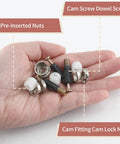 Hand holding 36 Set 3 In 1 Furniture Connecting Kit For Cabinets Drawers And Wardrobes With M6 40mm Cam Screws Cam Fittings And Cam Lock Nuts Pre Inserted Nuts For Easy DIY Furniture Assembly