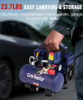 Small But Mighty 1 Gallon Ultra Quiet Oil Free Air Compressor, 23.7 lbs, easy to carry for tire inflation and nail gun use.