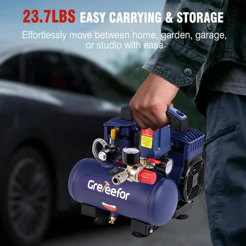 Small But Mighty 1 Gallon Ultra Quiet Oil Free Air Compressor, 23.7 lbs, easy to carry for tire inflation and nail gun use.