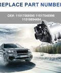 Engine Electric Coolant Water Pump Direct Oem Replacement For Bmw X5 E70 30I Models Years 2007 Through 2010 displayed with vehicle in snowy landscape.
