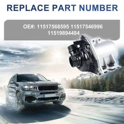 Engine Electric Coolant Water Pump Direct Oem Replacement For Bmw X5 E70 30I Models Years 2007 Through 2010 displayed with vehicle in snowy landscape.