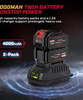 Brutal 12 Volt Cordless Impact Wrench With 800 Nm High Torque Brushless Motor For Tough Rusted Lug Nuts Includes Two 4000 Mah Batteries Led Work Light And Sturdy Hard Case For Heavy Duty Automotive Tire Repair And Car Maintenance Jobs 4000mAh twin battery pack for cordless tools during automotive tasks.