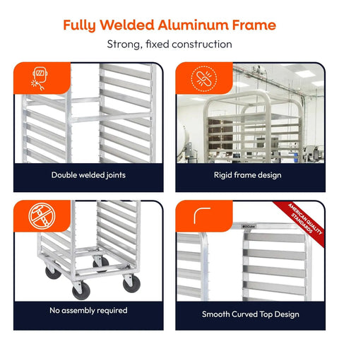 Hardcore Aluminum Bakery Rack That Cradles Twenty Sheet Pans With Roomy Three Inch Spacing And Bulletproof Double Welded Frame Plus Grease Proof Swivel Casters For High Volume Commercial Kitchens